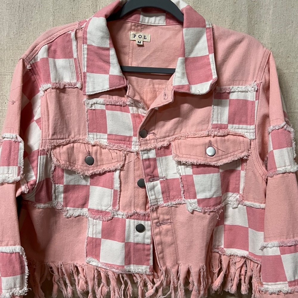 Pol Pink and White Checkered Fringe Jean Jacket - Picture 2 of 6